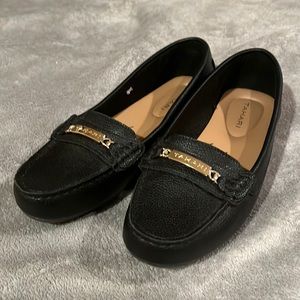 Black top grain synthetic leather Tahari loafers / moccasins with gold accent